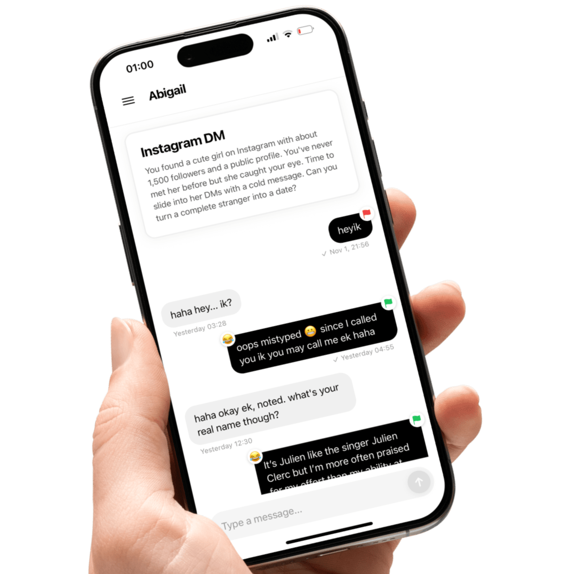 iPhone showing Text Her messaging app interface with realistic conversation practice